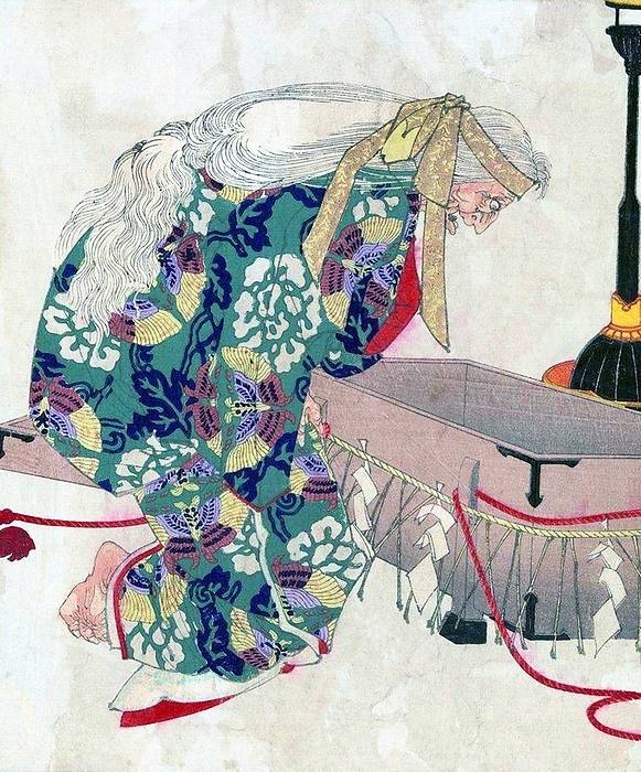 Japan: Ibaraki, the Demon of Rashomon, retrieves her arm, Ukiyo e painting by  Tsukioka Yoshitoshi  1839 1892  According to legend, Watanabe no Tsuna was challenged by a friend to spend the night at the Hojo Temple in Kyoto where he could have an encounter with the only demon left in Japan. br   br    Disturbed in the middle of the night, he flailed wildly with his sword, cutting off the arm of the awful Ibaraki, the Demon of Rashomon. Later as Watanabe performs Shinto rights over the arm, Ibaraki returns disguised as his elderly aunt, retrieves the arm, and flies away. br   br    Here Watanabe sits before a box containing the arm, wrapped with sacred ropes known as shimenawa, used for purification. The disguised Ibaraki peers into the container, a look of alarm on her wizened face, her long white hair flowing down her back.