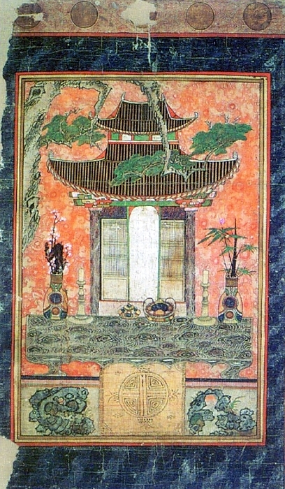 Korea: Kam Mo Yo Je Do  spirit house shrine painting , 17th century Korean folk painting, Chos Theen dynasty, ink and color on cloth Generally the history of Korean painting is dated to approximately 108 C.E., when it first appears as an independent form. Between that time and the paintings and frescoes that appear on the Goryeo dynasty tombs, there has been little research. Suffice to say that until the Joseon dynasty the primary influence was Chinese painting though done with Korean landscapes, facial features, Buddhist topics, and an emphasis on celestial observation in keeping with the rapid development of Korean astronomy. br   br    Throughout the history of Korean painting, there has been a constant separation of monochromatic works of black brushwork on very often mulberry paper or silk  and the colourful folk art or min hwa, ritual arts, tomb paintings, and festival arts which had extensive use of colour. br   br    This distinction was often class based: scholars, particularly in Confucian art felt that one could see colour in monochromatic paintings within the gradations and felt that the actual use of colour coarsened the paintings, and restricted the imagination. Korean folk art, and painting of architectural frames was seen as brightening certain outside wood frames, and again within the tradition of Chinese architecture, and the early Buddhist influences of profuse rich thalo and primary colours inspired by Art of India.
