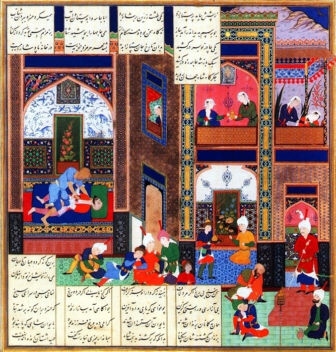 Iran   Persia: The assassination of Chosroes. From a Mughal manuscript of Firdausi s Shahnameh, 1535 The Shahnameh or Shah nama  Persian:           hn meh,  The Book of Kings   is a long epic poem written by the Persian poet Ferdowsi between c.977 and 1010 CE and is the national epic of Iran and related Perso Iranian cultures. Consisting of some 60,000 verses, the Shahnameh tells the mythical and to some Consisting of some 60,000 verses, the Shahnameh tells the mythical and to some extent the historical past of Greater Iran from the creation of the world until the Islamic conquest of Persia in the 7th century.  The work is of central importance in Persian culture, regarded as a literary masterpiece, and definitive of ethno national cultural identity of Iran. It is also important to the contemporary adherents of Zoroastrianism, in that it traces the historical links between the beginnings of the religion with the death of the last Zoroastrian. It is also important to the contemporary adherents of Zoroastrianism, in that it traces the historical links between the beginnings of the religion with the Muslim conquest.