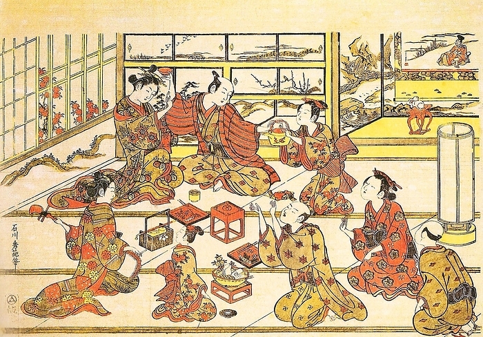 Japan: A drinking scene in a high class Yoshiwara brothel. Ishikawa Toyonobu  1711 1785  The oiran were considered a type of y jo  prostitute   woman of pleasure  or prostitute. However, they were distinguished from the y jo in that they were entertainers, and many became celebrities of their times outside the pleasure districts. Their art and fashions often set trends among the wealthy and, because of this, cultural aspects of oiran traditions continue to be preserved to this day. br   br  They were distinguished from the y jo  woman of pleasure  or prostitute.  The oiran arose in the Edo period  1600 1868 . At this time, laws were passed restricting brothels to walled districts set some distance from the city center. In the major cities these were the Shimabara in Kyoto, the Shinmachi in Osaka, and the Yoshiwara in Edo  present day Tokyo .  br   br   br  These are the major cities.  These rapidly grew into large, self contained  pleasure quarters  offering all manner of entertainments. Within, a courtesan s birth held no distinction, which was fortunate considering many of the courtesans originated as the daughters of impoverished families who were sold into this lifestyle as indentured servants.   Among the oiran, the tay   tayu  was considered the highest rank of courtesan and were considered suitable for the daimyo or feudal lords. In the mid 1700s courtesan rankings began to disappear and courtesans of all classes were collectively known simply as  oiran .  br   br    The word oiran comes from the Japanese phrase oira no tokoro no n san            which translates as  my elder sister . When written in Japanese, it consists of two kanji, flower meaning  flower , and   sansmeaning  leader  or  first , hence  Leading Flower  or  First Flower .
