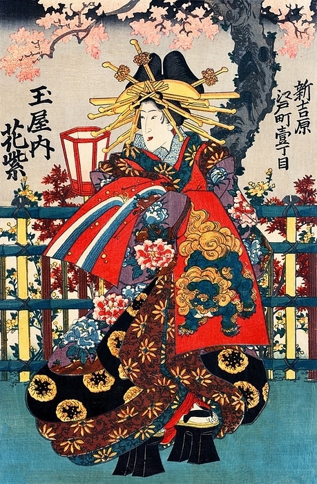Japan: Ukiyo e triptych showing three courtesans  shin yoshiwara . Right section: Shigeoka from Okamotoya house on Kyo Street The oiran were considered a type of y jo  prostitute   woman of pleasure  or prostitute. However, they were distinguished from the y jo in that they were entertainers, and many became celebrities of their times outside the pleasure districts. Their art and fashions often set trends among the wealthy and, because of this, cultural aspects of oiran traditions continue to be preserved to this day. br   br  They were distinguished from the y jo  woman of pleasure  or prostitute.  The oiran arose in the Edo period  1600 1868 . At this time, laws were passed restricting brothels to walled districts set some distance from the city center. In the major cities these were the Shimabara in Kyoto, the Shinmachi in Osaka, and the Yoshiwara in Edo  present day Tokyo .  br   br   br  These are the major cities.  These rapidly grew into large, self contained  pleasure quarters  offering all manner of entertainments. Within, a courtesan s birth held no distinction, which was fortunate considering many of the courtesans originated as the daughters of impoverished families who were sold into this lifestyle as indentured servants.   Among the oiran, the tay   tayu  was considered the highest rank of courtesan and were considered suitable for the daimyo or feudal lords. In the mid 1700s courtesan rankings began to disappear and courtesans of all classes were collectively known simply as  oiran .  br   br    The word oiran comes from the Japanese phrase oira no tokoro no n san            which translates as  my elder sister . When written in Japanese, it consists of two kanji, flower meaning  flower , and   sansmeaning  leader  or  first , hence  Leading Flower  or  First Flower .