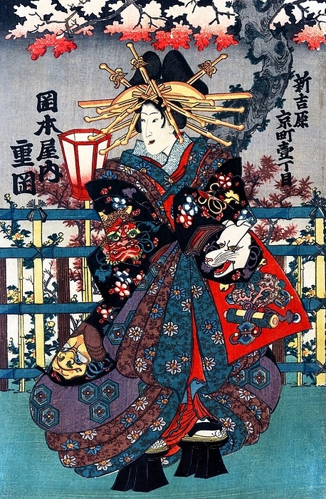 Japan: Ukiyo e triptych showing three courtesans  shin yoshiwara . Left section: Hanamurasak from Tamaya house on Edo Street The oiran were considered a type of y jo  prostitute   woman of pleasure  or prostitute. However, they were distinguished from the y jo in that they were entertainers, and many became celebrities of their times outside the pleasure districts. Their art and fashions often set trends among the wealthy and, because of this, cultural aspects of oiran traditions continue to be preserved to this day. br   br  They were distinguished from the y jo  woman of pleasure  or prostitute.  The oiran arose in the Edo period  1600 1868 . At this time, laws were passed restricting brothels to walled districts set some distance from the city center. In the major cities these were the Shimabara in Kyoto, the Shinmachi in Osaka, and the Yoshiwara in Edo  present day Tokyo .  br   br   br  These are the major cities.  These rapidly grew into large, self contained  pleasure quarters  offering all manner of entertainments. Within, a courtesan s birth held no distinction, which was fortunate considering many of the courtesans originated as the daughters of impoverished families who were sold into this lifestyle as indentured servants.   Among the oiran, the tay   tayu  was considered the highest rank of courtesan and were considered suitable for the daimyo or feudal lords. In the mid 1700s courtesan rankings began to disappear and courtesans of all classes were collectively known simply as  oiran .  br   br    The word oiran comes from the Japanese phrase oira no tokoro no n san            which translates as  my elder sister . When written in Japanese, it consists of two kanji, flower meaning  flower , and   sansmeaning  leader  or  first , hence  Leading Flower  or  First Flower .