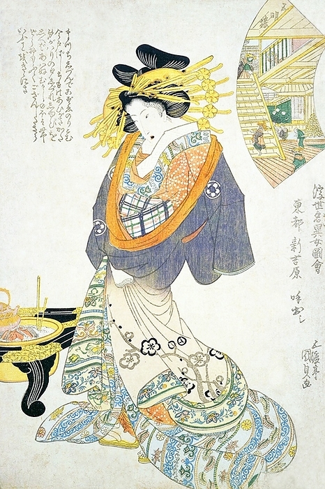 Japan: The celebrated beauty Toto Shin, a yobidashi or highest ranking Yoshiwara courtesan, ukiyo e by Utagawa Kunisada, Edo  Tokyo , c. 1820 1825 A yobidashi is a Yoshiwara top ranked prostitute. tortoise shell is very lightweight, but she is wearing so many combs and hairpins in her hair that it makes them look heavy. Her kimono also has a foreign flavor with its stripes and calico strips.  Utagawa Kunisada  1786   January 12, 1865 , also known as Utagawa Toyokuni III  was the most popular, prolific and financially successful In his own time, his reputation far exceeded that of his contemporaries, Hokusai, Hiroshige and Kuniyoshi. In his own time, his reputation far exceeded that of his contemporaries, Hokusai, Hiroshige, and Kuniyoshi.