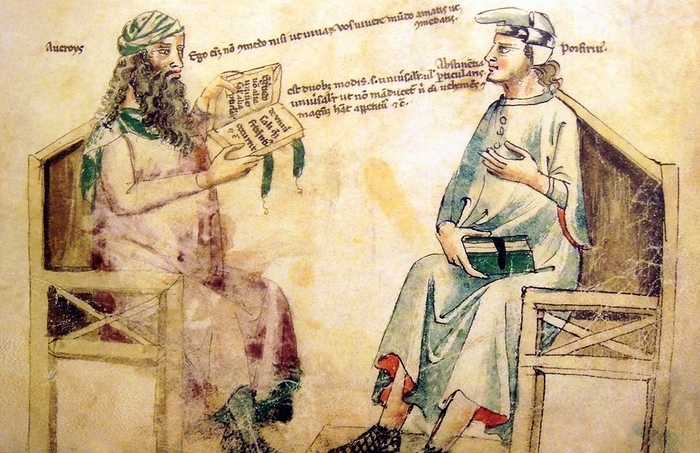 Spain   Al andalus: Imaginary debate between Ibn Rushd  Averroes  and Porphyry of Tyre. Monfredo de Monte Imperiali Liber de herbis, 14th century Ab  l Wal d Mu ammad bin  A mad bin Ru d  Arabic:                                , better known as Ibn Rushd  Arabic:         , and in European literature as Averroes  play    v ro .i z   1126   December 10, 1198 , was a Muslim polymath  a master of Aristotelian philosophy, Islamic philosophy, Islamic theology, Maliki law and jurisprudence, logic, psychology, politics, Arabic music theory, and the sciences of medicine, astronomy, geography, mathematics, physics and   He was born in C rdoba, Al Andalus, modern day Spain, and died in Marrakesh, Morocco. His school of philosophy is known as Averroism.  Porphyry of Tyre Ancient Greek:          , Porphyrios, AD 234 c. 305  was a Neoplatonic philosopher who was born in Tyre. He also wrote many works himself on a wide variety of topics. In addition, through several of his works, the Enneads, the only collection of the work of his teacher Plotinus, has also written many works on a wide variety of topics. In addition, through several of his works, most notably Philosophy from Oracles and Against the Christians, he was involved in a controversy with a number of Early Christians, and his commentary on Euclid s Elements was used as a source by Pappus of Alexandria.