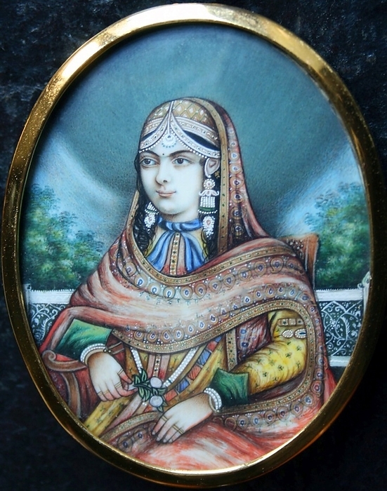 India: Empress Jodhabai, wife of the 3rd Mughal Emperor Akbar  r. 1556 1605 , c. mid 19th century miniature portrait Mariam uz Zamani Begum Sahiba  Imperial Princess , n e Rajkumari  Princess  Hira Kunwari, alias Harkha Bai  October 1, 1542   1622  was a Rajput princess who became the Mughal Empress, after her marriage to Mughal Emperor Akbar. She was the eldest daughter of Kachwaha Rajput, Raja Bharmal of Amber, the older name of the Rajput State of Jaipur.  Her notability arises from her marriage to the Mughal emperor Jalaluddin Muhammad Akbar. She was also the mother of emperor Nuruddin Salim Jahangir, her  br   br  Her notability arises from her marriage to the Mughal emperor Jalaluddin Muhammad Akbar.  Her name as recorded in Mughal chronicles was Mariam uz Zamani. This is why the mosque of Mariyam Zamani Begum was constructed in Lahore, Pakistan, in her honor. She has also been referred to as Jodha Bai or Jodhabai. Hira Kunwar, Akbar s first Rajput wife, was the eldest daughter of Raja Bhar Mal of Amber. was also the sister of Bhagwandas and the aunt of Man Singh I of Amber, who later became one the nine jewels  Navaratnas  in the court of Akbar. br   br   br  Hira Kunwar, Akbar s first Rajput wife, was the eldest daughter of Raja Bhar Mal of Amber.  The Mosque of Mariyam Zamani Begum was built by her son Nuruddin Salim Jahangir and is situated in the Walled City of Lahore, Pakistan, while Mariam s Tomb is situated one km away from Tomb of Akbar the Great, at Sikandra, near Agra.