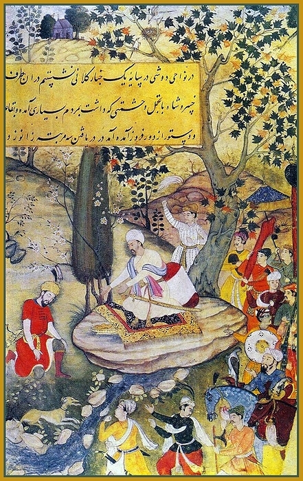 India: Scene from the Baburnama. Zahir ud din Muhammad Babur  1483 1531  the first Mughal Emperor. Khusrau Shah swearing fealty to Babur, c. 1590  B burn ma  Chagatai Persian:            , literally:  Book of Babur  or  Letters of Babur   alternatively known as Tuzk e Babri  is the name given to the memoirs of the It is an autobiographical work, originally written in the autobiographical work, originally written in the Chagatai language, known to Babur as  Turki   meaning Turkic , the spoken language of the Andijan  It is an autobiographical work, originally written in the Chagatai language, known to Babur as  Turki   meaning Turkic , the spoken language of the Andijan  Timurids.  Because of Babur s cultural origin, his prose is highly Persianized in its sentence structure, morphology, and vocabulary, and also contains many During Emperor Akbar s reign, the work was completely translated to Persian by a Mughal courtier, Abdul Rah m, in AH 998  1589 90 CE .