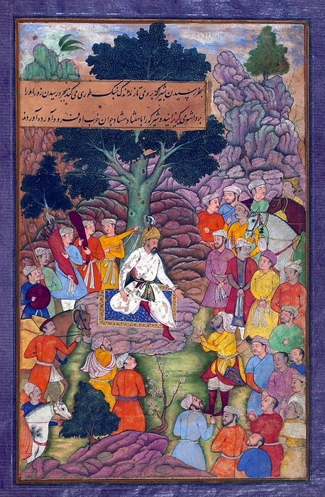 India: Scene from the Baburnama. Babur and his army in the Sinjid valley march toward Kabul B burn ma  Chagatai Persian:            , literally:  Book of Babur  or  Letters of Babur   alternatively known as Tuzk e Babri  is the name given to the memoirs of the It is an autobiographical work, originally written in the autobiographical work, originally written in the Chagatai language, known to Babur as  Turki   meaning Turkic , the spoken language of the Andijan  It is an autobiographical work, originally written in the Chagatai language, known to Babur as  Turki   meaning Turkic , the spoken language of the Andijan  Timurids.  Because of Babur s cultural origin, his prose is highly Persianized in its sentence structure, morphology, and vocabulary, and also contains many During Emperor Akbar s reign, the work was completely translated to Persian by a Mughal courtier, Abdul Rah m, in AH 998  1589 90 CE .