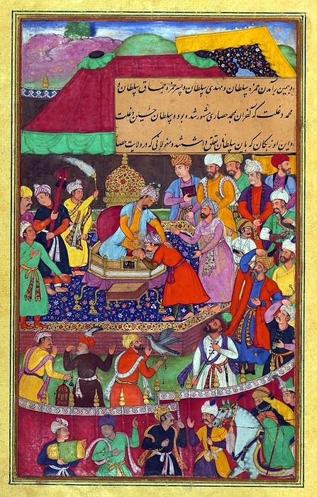 India: Scene from the Baburnama. Zahir ud din Muhammad Babur  1483 1531  the first Mughal Emperor, receives homage from   amzah Sul  n, Mahd  Sul an and Mam q Sul  n B burn ma  Chagatai Persian:            , literally:  Book of Babur  or  Letters of Babur   alternatively known as Tuzk e Babri  is the name given to the memoirs of the It is an autobiographical work, originally written in the autobiographical work, originally written in the Chagatai language, known to Babur as  Turki   meaning Turkic , the spoken language of the Andijan  It is an autobiographical work, originally written in the Chagatai language, known to Babur as  Turki   meaning Turkic , the spoken language of the Andijan  Timurids.  Because of Babur s cultural origin, his prose is highly Persianized in its sentence structure, morphology, and vocabulary, and also contains many During Emperor Akbar s reign, the work was completely translated to Persian by a Mughal courtier, Abdul Rah m, in AH 998  1589 90 CE .