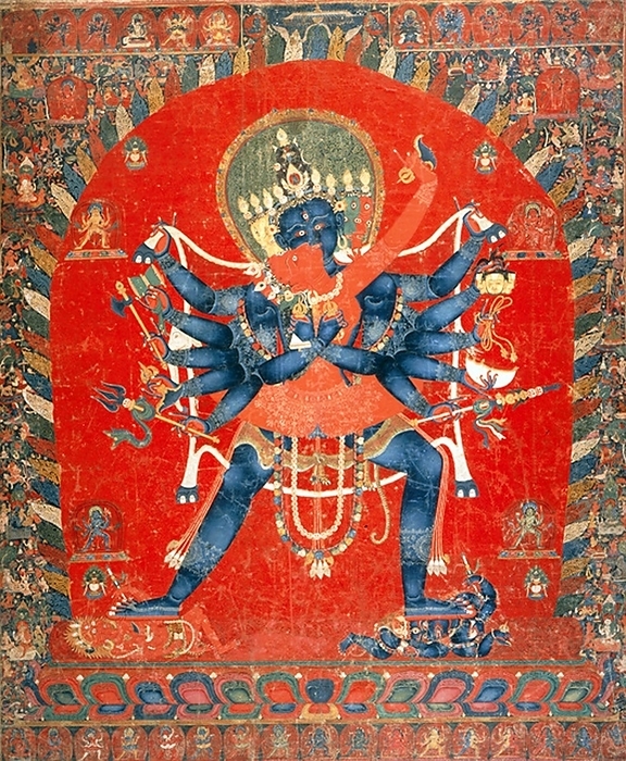China   Tibet: The Buddhist Deities Chakrasamvara and Vajravarahi, Newari thangka, c. 15th century The Cakrasa vara Tantra, Chinese:      sh ngl  j ng ng  Tibetan: Korlo Demchog Gyud  Tibetan:                            Wylie: Khor lo sdom pa   bde mchog gi rgyud  is considered Wylie: Khor lo sdom pa   bde mchog gi rgyud  is considered to be of the mother class of the Anuttara Yoga Tantra in the Indo Tibetan Vajrayana Buddhist tradition.  The central deity of the mandala, a heruka known as Sa vara  variants: Sa vara   Sa bara  or simply as  r  Heruka, is one of the principal i  ha devat , or meditational deities of the Sarma schools of Tibetan Buddhism. br   br   The mandala, a heruka known as Sa vara  variants: Sa vara   Sa bara  or simply as  r   Sa vara is typically depicted with a blue coloured body, four faces, and twelve arms, and embracing his consort Vajravarahi  in Chinese Fri Other forms of the deity are also known, with varying numbers of limbs. consort are not to be thought of as two different entities, as an ordinary husband and wife are two different people  in reality, their divine embrace is a metaphor for the union of great bliss. Sa Ll_1E43vara and consort are not to be thought of as two different entities, as an ordinary husband and wife are two different people  in reality, their divine embrace is a metaphor for the union of great bliss and emptiness, which are one and the same essence.