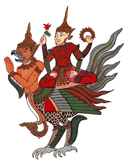 Burma   Myanmar: Vishnu   Beikthano in Burmese   on his mount, the garuda, in a traditional Burmese depiction  1906  Vishnu  Sanskrit        Vi  u  is the Supreme god in the Vaishnavite tradition of Hinduism. of Adi Shankara, among others, venerate Vishnu as one of the five primary forms of God.  The Vishnu Sahasranama declares Vishnu as Paramatma  supreme soul  and Parameshwara  supreme God . It describes Vishnu as the All Pervading essence of all beings, the master of   and beyond   the past, present and future, one who supports, sustains and governs the Universe and origin. Vishnu governs the aspect of preservation and sustenance of the universe, so he is Vishnu governs the aspect of preservation and sustenance of the universe, so he is called  Preserver of the Universe .  br   br   br    In the Puranas, Vishnu is described as having the divine color of water filled clouds, four armed, holding a lotus, mace, conch  shankha  and chakra  wheel . Vishnu is also described in the Bhagavad Gita as having a  Universal Form   Vishvarupa  which is beyond the ordinary limits of human perception or Vishnu is also described in the Bhagavad Gita as having a  Universal Form   Vishvarupa  which is beyond the ordinary limits of human perception or imagination.  In this Burmese representation, Vishnu as Beikthano appears in the style of a Burmese nat.