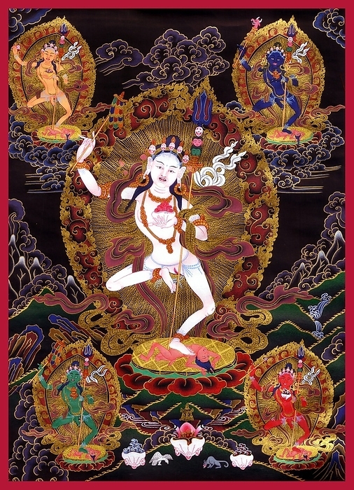 China   Tibet: Thangka of dancing Dakini, 20th century A dakini  Sanskrit:     into   Tibetan: khandroma  is a tantric deity described as a female embodiment of enlightened energy. In the Tibetan language, dakini is rendered khandroma which means  she who traverses the sky  or  she who moves in space . Sometimes the term is translated poetically as  sky dancer  or  sky walker .  br   br    The dakini, in all her varied forms, is an important figure in Tibetan Buddhism. She is so central to the requirements for a practitioner to attain full She is so central to the requirements for a practitioner to attain full enlightenment as a Buddha that she appears in a tantric formulation of the Buddhist Three Jewels refuge formula known as the Three Roots. Most commonly she appears as the protector, alongside a guru and yidam  enlightened being .  br   br    Although dakini figures appear in Hinduism and in the B Theka n tradition, dakini are particularly prevalent in Vajrayana  br   br   Although dakini figures appear in Hinduism and in the B Theka n tradition, dakini are particularly prevalent in Vajrayana Buddhism and have been particularly conceived in Tibetan Buddhism where the dakini, generally of volatile or wrathful temperament, act somewhat as a muse for spiritual practice.   In this context, the sky or space indicates shunyata, the insubstantiality of all the all things. In this context, the sky or space indicates shunyata, the insubstantiality of all phenomena, which is, at the same time, the pure potentiality for all possible manifestations.