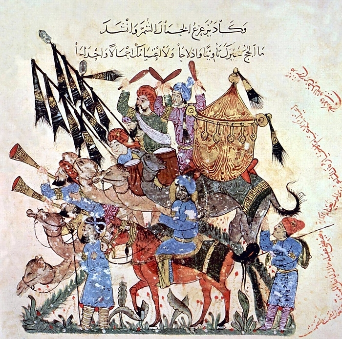 Iraq   Arabia: A haj pilgrim caravan en route to the Holy City of Mecca. Miniature by Yahya ibn Mahmud al Wasiti, 1237 CE Yahy teh  ibn Mahm tehsa d al Wteh  sit teh was a 13th century Arab Islamic artist. 13th century Arab Islamic artist. al Wasiti was born in Wasit in southern Iraq. he was noted for his illustrations of the Maqam of al Hariri. br   br    Maqt  a  literally  assemblies   are an  originally  Arabic literary genre of rhymed prose with intervals of poetry in which rhetorical The 10th century author Badto  al Zaman al Hamadhto  i is said to have invented the form, which was extended by al Qur an. Both authors  maqt center on trickster figures  br   br   br  The form which has been invented by al Hariri of Basra in the next century, which was extended by al Hariri of Basra in the next century, which was extended by al Hariri of Basra in the next century.  Manuscripts of al Harto s Maqt t , anecdotes of a roguish wanderer Abu Zayd  br   br  Manuscripts of al Hartorhto s Maqt t , anecdotes of a roguish Abu Zayd from Saruj, were frequently illustrated with miniatures.