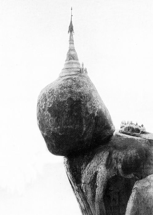 Burma: Kyaiktiyo Pagoda, c.1892 96. Kyaiktiyo Pagoda  also known as Golden Rock  is a well known Buddhist pilgrimage site in Mon State in eastern Burma. It is a small pagoda  7.3 metres  24 ft   built on the top of a granite boulder covered with gold leaves pasted on by devotees. According to legend, the Golden Rock itself is precariously perched on a strand of the Buddha s hair. The rock seems to defy gravity, as it perpetually appears to be on the verge of rolling down the hill.
