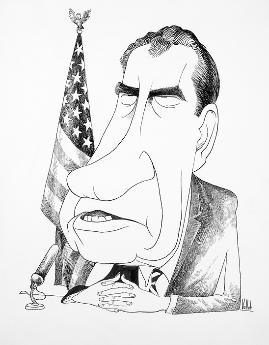 USA: Richard M. Nixon with folded hands, seated before a microphone in front of an American flag   caricature by Edmund Valtman  pseudonym: Vallot  Richard Milhous Nixon  January 9, 1913   April 22, 1994  was the 37th President of the United States, serving from 1969 to 1974.   Nixon inherited the Vietnam War from his predecessors Kennedy and Johnson. American involvement in Vietnam was widely unpopular  although Nixon American involvement in Vietnam was widely unpopular  although Nixon initially escalated the war there, he subsequently moved to end US involvement, completely withdrawing American forces by 1973. br   br   br   Nixon inherited the Vietnam War from his predecessors Kennedy and Johnson.  Nixon s ground breaking visit to the People s Republic of China in 1972 opened diplomatic relations between the two nations, and he initiated d tente   Nixon s second term was marked by crisis, with 1973 seeing an Arab oil embargo as a result of US support for Israel in the 1973 War, and the resignation of Vice During 1973 and 1974, a continuing series of revelations about the Watergate scandal diminished Nixon s political support. Early August 1974 he resigned in the face of almost certain impeachment and removal from office.