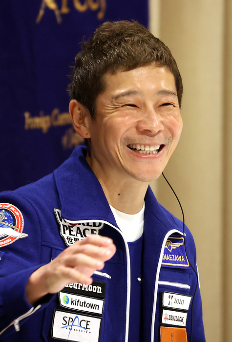 Japanese billionaire Yusaku Maezawa holds a press conference after a 12 day travel to ISS January 7, 2022, Tokyo, Japan   Japanese billionaire and CEO of Start Today  Yusaku Maezawa speaks at the Foreign Correspondents  Club of Japan in Tokyo on Friday, January 7, 2022. Maezawa, former CEO of online fashion commerce site Zozo, made a 12 day travel to International Space Station  ISS  with a Russian rocket Soyuz last month.      Photo by Yoshio Tsunoda AFLO  