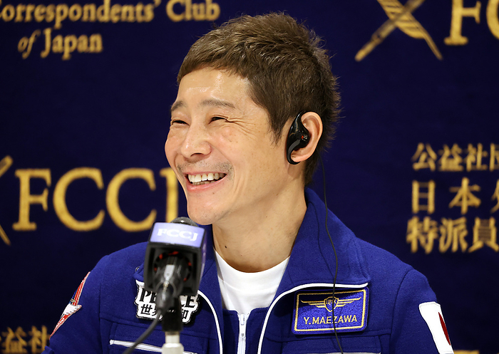 Japanese billionaire Yusaku Maezawa holds a press conference after a 12 day travel to ISS January 7, 2022, Tokyo, Japan   Japanese billionaire and CEO of Start Today  Yusaku Maezawa speaks at the Foreign Correspondents  Club of Japan in Tokyo on Friday, January 7, 2022. Maezawa, former CEO of online fashion commerce site Zozo, made a 12 day travel to International Space Station  ISS  with a Russian rocket Soyuz last month.      Photo by Yoshio Tsunoda AFLO  
