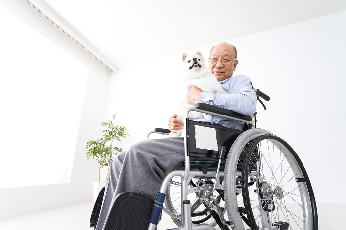 Elderly man in wheelchair with dog