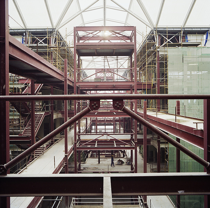 Chelsea and Westminster Hospital, Fulham Road, Kensington and Chelsea, London, 04 02 1991. Creator: John Laing plc. Chelsea and Westminster Hospital, Fulham Road, Kensington and Chelsea, London, 04 02 1991. An interior view of Chelsea and Westminster Hospital during construction, showing the structural steel frame and part of the Texlon roof. Laing Management Contracting worked on the construction of Chelsea and Westminster Hospital on behalf of the North West Thames Regional Health Authority between 1989 and 1993. The new teaching hospital was built on the site of the old St Stephen  x2019 s Hospital, which was demolished in the early months of 1989. The use of fast track construction techniques enabled the entire project to be completed in less than 5 years. The hospital was officially opened by the Queen on 13 May 1993.