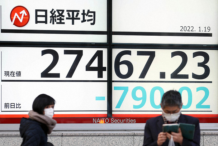 Nikkei 225 Continues to Plunge to Lowest Level in Five Months A stock board showing the Nikkei 225, which closed sharply lower, in Chuo Ward, Tokyo, on the afternoon of January 19, 2022. Photo by Yuki Miyatake at 3:01 a.m.