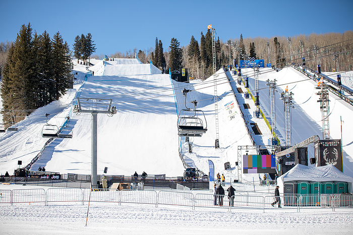 2022 X Games Aspen X Games half pipe and slope style course before be open for athletes and press. Location Buttermilk Aspen. Date Jan 19th 2022. Sports snowboard and ski free style.