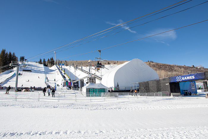 2022 X Games Aspen X Games half pipe and slope style course before be open for athletes and press. Location Buttermilk Aspen. Date Jan 19th 2022. Sports snowboard and ski free style.