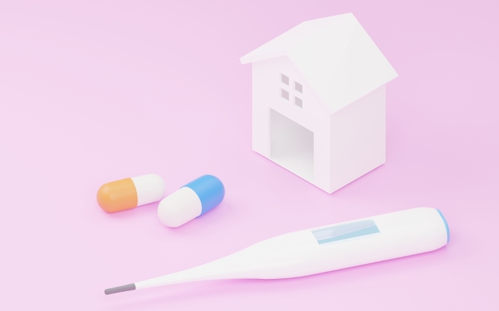 3DCG Image of home treatment, thermometer and antipyretic (capsules) and model of a house, isometric