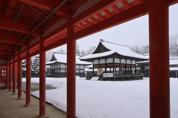 Shimogamo jinja Shrine Snowy Mai den  dance hall  and Kamihuden  shrine clothes  seen through a corridor Kyoto Pref. World Heritage and Ancient Kyoto Cultural Properties