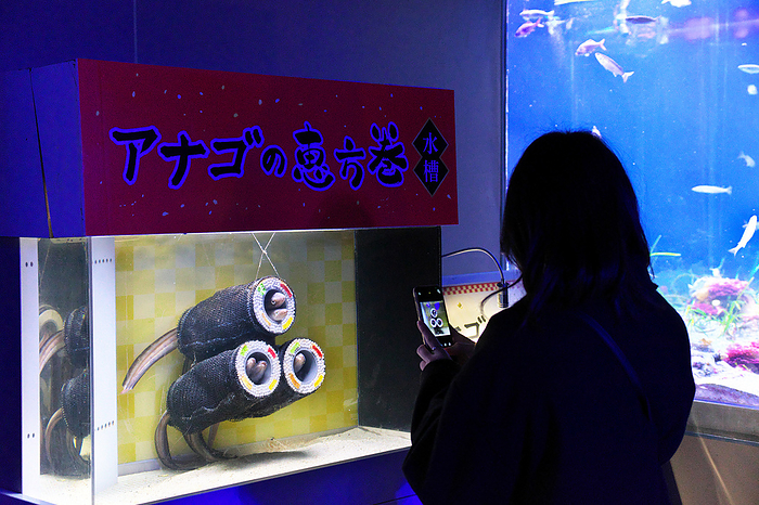 Setsubun festival in Japan Whitespotted conger modeled Ehomaki are see displayed for the Setsubun festival at the Hakkeijima Sea Paradise aquarium in Yokohama, Kanagawa Prefecture, Japan on January 29, 2022.