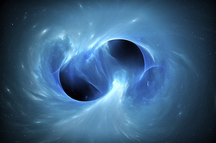 Black holes merging in space, conceptual illustration Conceptual illustration of black holes merging in space., by SAKKMESTERKE SCIENCE PHOTO LIBRARY