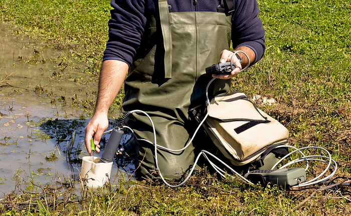 Measuring water quality Scientist measuring environmental water quality in a wetland., by I. NOYAN YILMAZ SCIENCE PHOTO LIBRARY