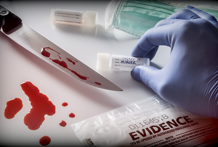 Forensic scientist collecting evidence from knife Forensic scientist collecting evidence from knife., by DIGICOMPHOTO SCIENCE PHOTO LIBRARY