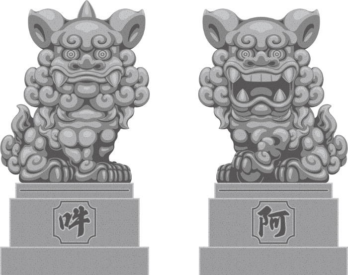Japanese tradition: Stone statues of komainu (stone guardian dogs) placed in pairs at shrines