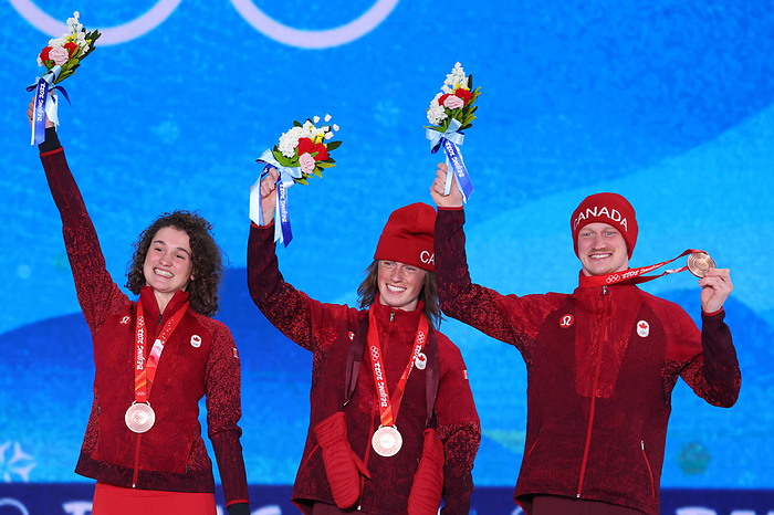 Beijing Olympics 2022 Aerial Mixed Podium Ceremony  L R  Bronze medalists Marion Thenault, Miha Fontaine, and Lewis Irving  CAN ,  FEBRUARY 11, 2022   Freestyle Skiing :  Mixed Team Aerials Medal Ceremony  during the Beijing 2022 Olympic Winter Games at Zhangjiakou Medals Plaza in Zhangjiakou, Hebei, China.  Photo by YUTAKA AFLO SPORT 