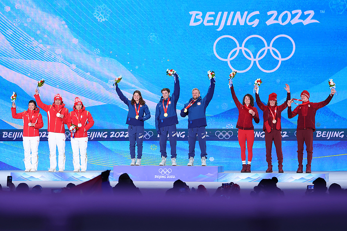 Beijing Olympics 2022 Aerial Mixed Podium Ceremony  L R  Silver medalists Xu Mengtao, Jia Zongyang, and Qi Guangpu  CHN , Gold medalists Ashley Caldwell, Lillis Christopher, and Justin Schoenefeld  USA , Bronze medalists Marion Thenault, Miha Fontaine, and Lewis Irving  CAN ,  FEBRUARY 11, 2022   Freestyle Skiing :  Mixed Team Aerials Medal Ceremony  during the Beijing 2022 Olympic Winter Games at Zhangjiakou Medals Plaza in Zhangjiakou, Hebei, China.  Photo by YUTAKA AFLO SPORT 