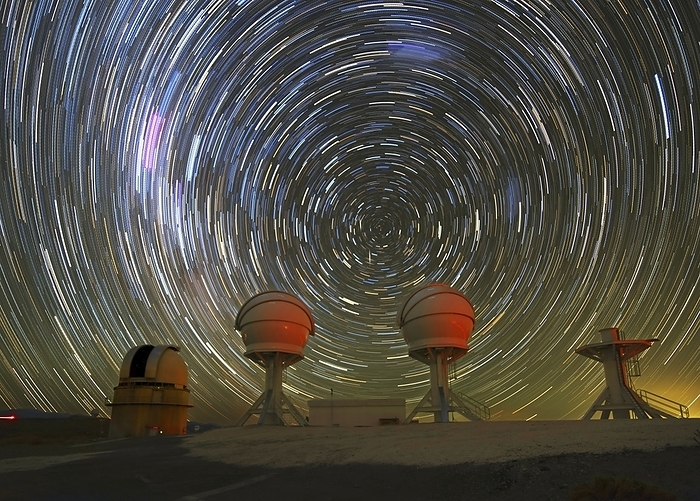 Star trails above the BlackGEM optical telescope array Star trails over planned BlackGEM optical telescope array at the European Southern Observatory, La Silla, Chile. The telescope will be used to measure optical emissions from pairs of merging neutron stars and black holes. Photographed in 2019., Photo by Zdenek Bardon EUROPEAN SOUTHERN OBSERVATORY SCIENCE PHOTO LIBRARY