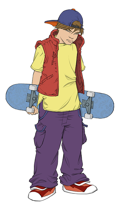 Skateboarder boy Teenage boy holding skateboard looking off with attitude
