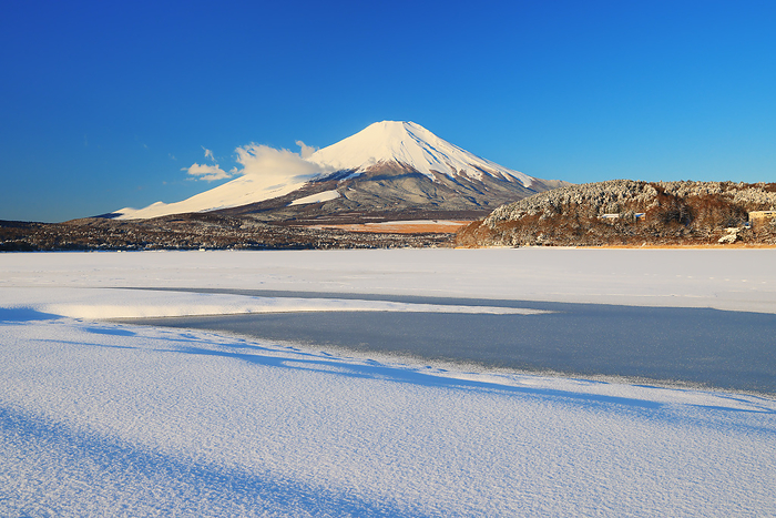 Snowy Landscape of Lake Yamanaka and Mt.