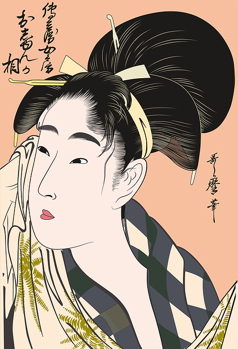 Ukiyoe Illustration  Utamaro Kitagawa, Denbei Wife Oshunga asai  Copy  This is a newly drawn illustration work as a reproduction.