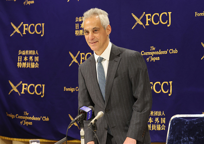 The new U.S. ambassador to Japan Rahm Emanuel speaks at the FCCJ February 25, 2022, Tokyo, Japan   The new U.S. ambassador to Japan Rahm Emanuel arrives at the Foreign Correspondents  Club of Japan to hold a press conference in Tokyo on Friday, February 25, 2022. Emanuel urged Russia s invasion to Ukraine.    Photo by Yoshio Tsunoda AFLO  