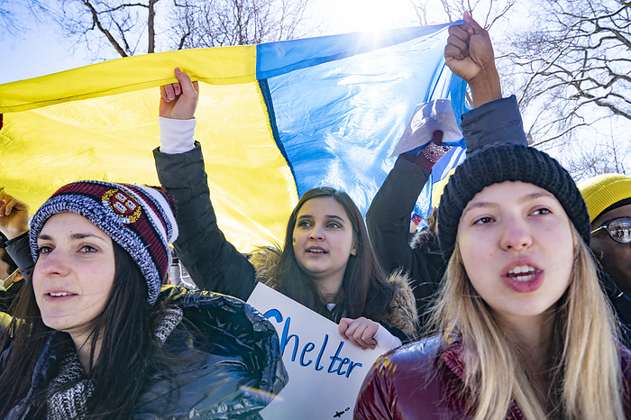 Ukrain rally at Harvard University February 26, 2022, Harvard University, Cambridge, Massachusetts, USA: People rally and march to show solidarity with Ukraine during the   Harvard Stands with Ukraine  rally on Harvard Yard at Harvard University in Cambridge. 