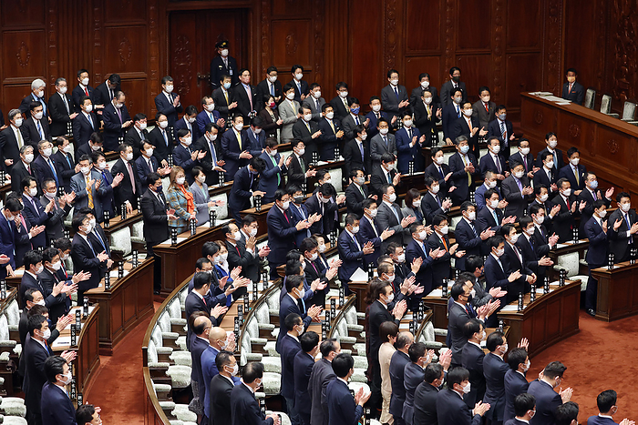 Plenary session of the lower house of the Diet adopts resolution condemning Russia. March 1, 2022, Tokyo, Japan   Japanese Lower House lawmakers stand as they approve a resolution condemning Russia at Lower House s plenary session at the National Diet in Tokyo on Tuesday, March 1, 2022. Japan s Lower House adopted a resolution of condemning Russia for its military invasion to Ukraine.    Photo by Yoshio Tsunoda AFLO  