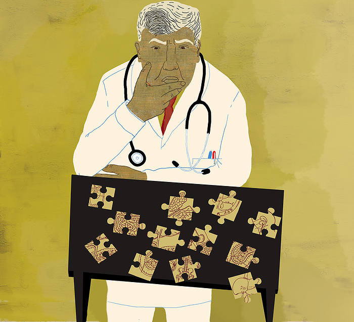 Doctor trying to solve a medical problem, illustration Doctor trying to solve a medical problem, illustration., Photo by SIMONE GOLOB   SCIENCE PHOTO LIBRARY