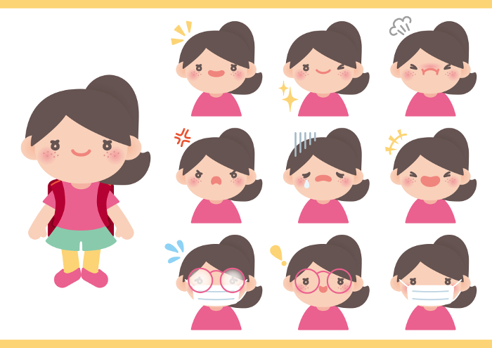 Set of icons of elementary school girls' expressions_ponytail