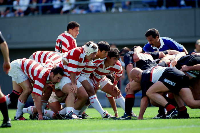 Japan vs Canada,
MAY 1, 1999 - Rugby : Japan and Canada players prepare to scrummage during the EPSON Cup Pacific Rim Championship 1999 match between Japan 23-21 Canada at Prince Chichibu Memorial Rugby Stadium in Tokyo, Japan.
(Photo by AFLO) [0633]