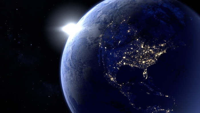 3D rendering of a North American night view of Earth as seen from space