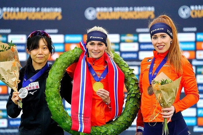 2022 Speed Skating World Championships  Ceremony L R Miho Takagi  JPN  , Irene Schouten  NED  and Antoinette de Jong  NED  during World Speed Skating Championships Sprint and Allround on March 6, 2022 in the Vikingskipet in Hamar, Norway  Photo by SCS Soenar Chamid AFLO  HOLLAND OUT 