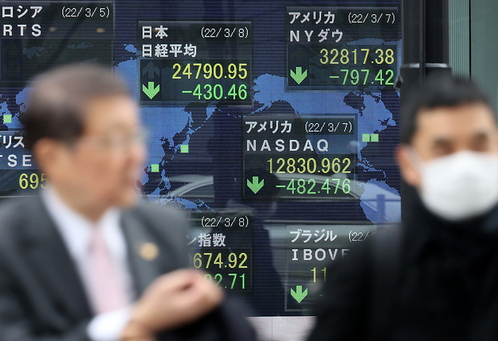 Japan s share prices fell under 25,000 yen level March 8, 2022, Tokyo, Japan   Pedestrians pass before a share prices board in Tokyo on Tuesday, March 8, 2022. Japan s share prices fell 430.46 yen to close at 24,790.95 yen at the Tokyo Stock Exchange, dropped under 25,000 yen level since November 2020.     Photo by Yoshio Tsunoda AFLO 