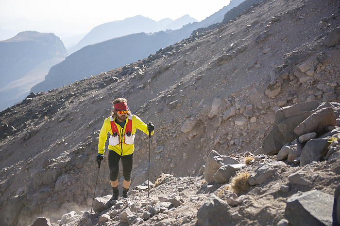 One man climbing Pico de Orizaba on a rocky terrain, Citlaltépec, Ver.