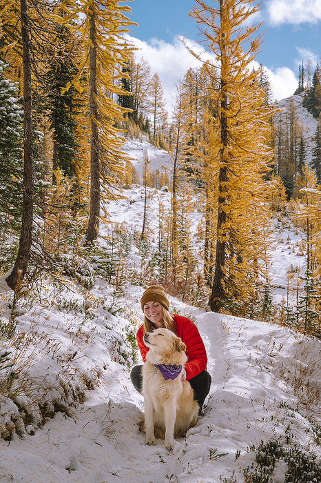 Cute Dog and Female in Red Jacket In A Grove of Larches in The Fall, Leavenworth, Washington, United States