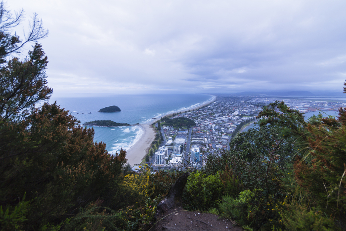 New Zealand Beach and city view from Mauao Hill on Mount Maunganui, a peninsula in Tauranga Bay, New Zealand